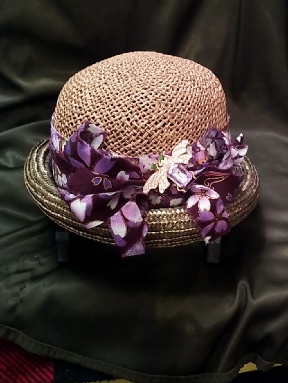 Hand Crafted Straw Cloche Hat with Purple Floral Band